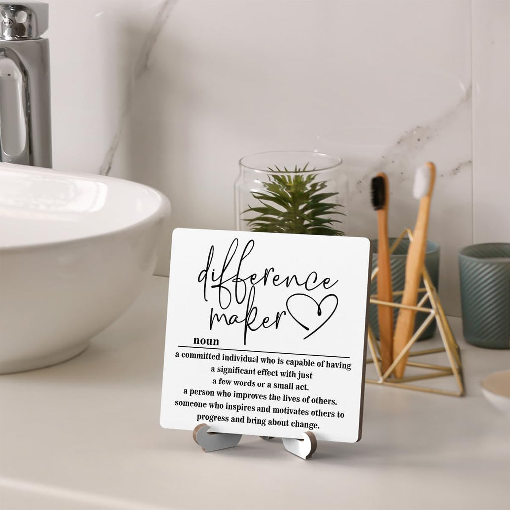 Wooden Table Sign Gift Difference Maker Definition Desk Decor Wood Plaque With Stand Unique Gift Ideas for Boss Women Best Mom Coworker Teacher Office(White)-A02