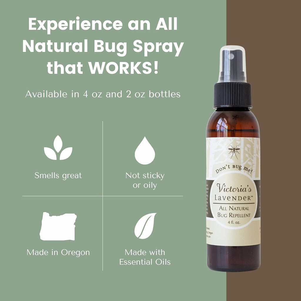 Victoria's Lavender Organic Don’t Bug Me Insect Spray DEET-Free, Made with Plant Based Essential Oils & Aloe Vera - Made in The USA - (1 Pack 4 Fl Oz)