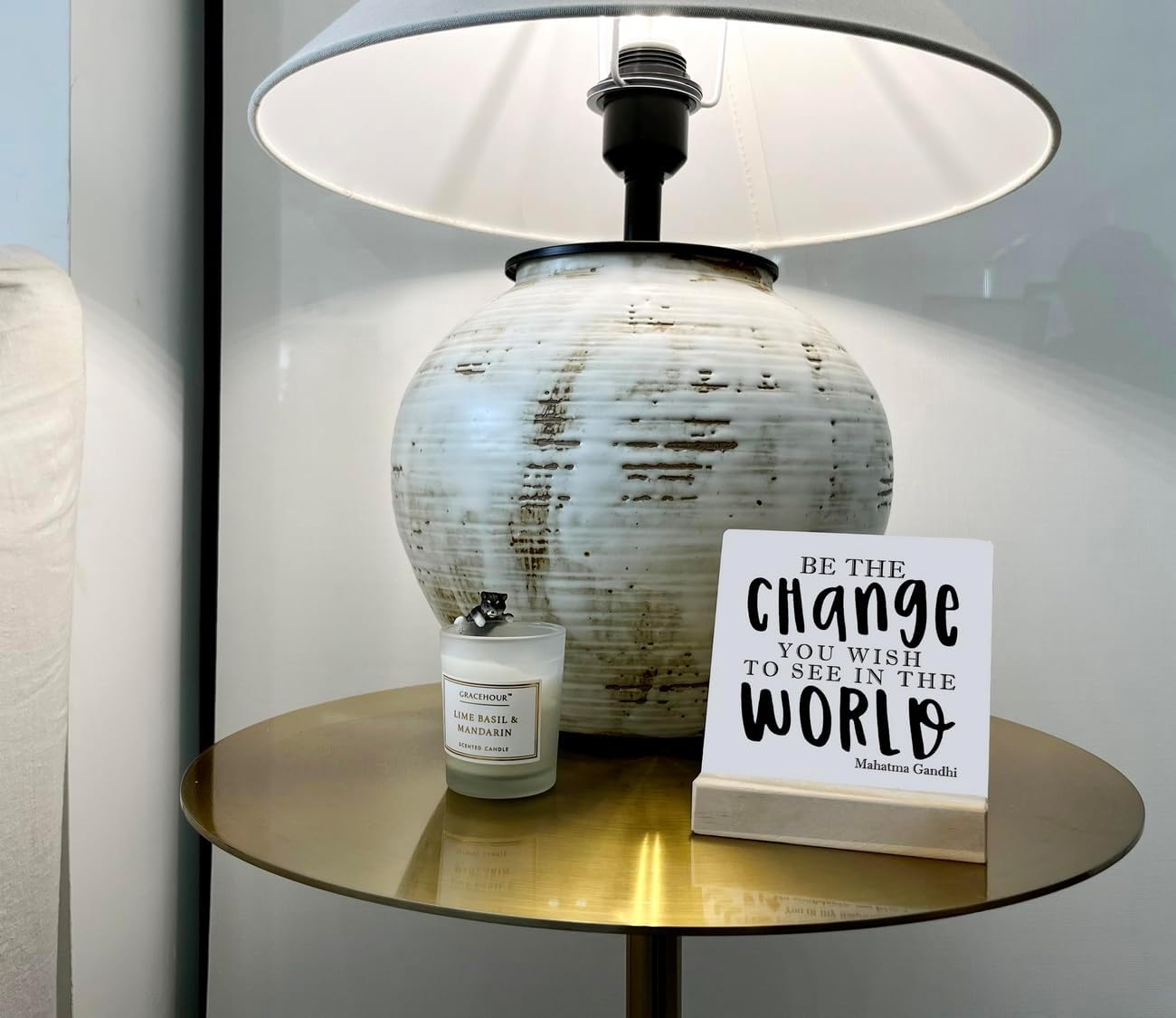 Primitive Wooden Sign, Be the Change You Wish to See in the World, Desk Plaque with Wooden Stand 4 x 4.3 inches, Mahatma Gandhi Saying, Decor for Kids Room, Home Decor, Graduation Gift, Gift for Teens