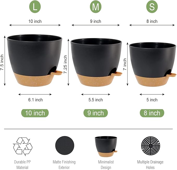10/9/8 inch Self Watering Pots, Set of 3 Plastic Planters with Mesh Drainage Holes and Deep Reservoir for Indoor Outdoor Garden Plants and Flowers, Black with Brown