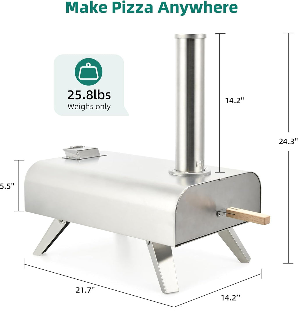 YITAHOME Wood Fired Outdoor Pizza Oven, 12" Portable Pellet Pizza Ovens with Pizza Peel & Pizza Cutter, Woodfire Pizza Maker for Outside Kitchen Cooking Stainless Steel Silver