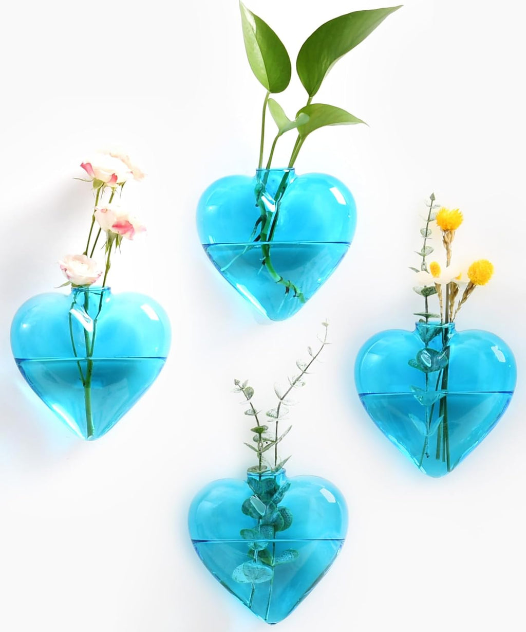 Nacome Wall Hanging Glass Planter Terrarium Plant Propagation Station, 4 Pack Heart Shape Vase for Hydroponic Home Office Garden Decor,Unique Gardening Gifts for Plant Lovers Women Mom(Blue)