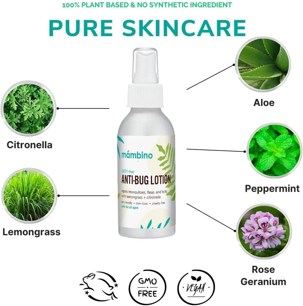 Anti-Bug Lotion DEET-Free – All-Natural Bug Lotion Travel Size Made with Nourishing Essential Oils – Bug Repellent for Babies, Kids, Adults, Camping, & More by Mambino Organics, 4oz