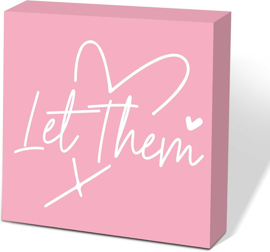 Let Them Wooden Sign, Pink Office Decorations for Work, Let Them Mental Health Rustic Wood Box Signs 5x5 Inch, Desk Shelf Tabletop Decor for Home Cubicle Decor, Office Gifts for Coworkers Women, 19