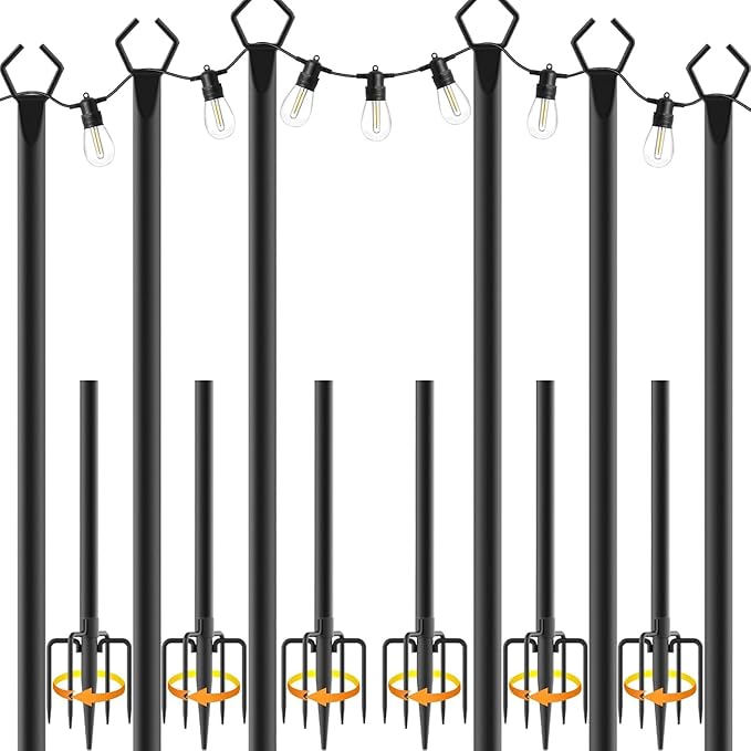 10Ft String Light Poles 6 Pack,Light Poles for Outside Lights,Outdoor with Fence Brackets Hanging Lights,Metal Stand Deck Patio Backyard