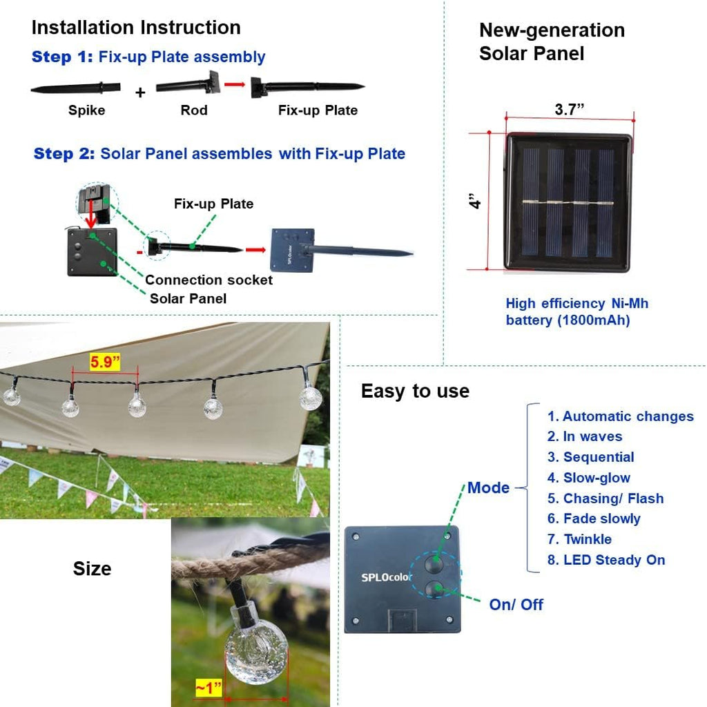Solar String Lights Outdoor, 20ft Waterproof 30 LEDs 8 Modes Crystal Globe Solar String Fairy Lights Backyard Patio Christmas Lights for Holiday Party Gardens Backyard Wedding (Multicolor)