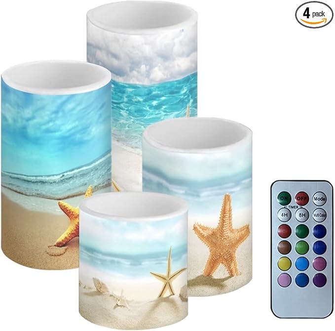 LED Flickering Candles Battery Operated Candles Set of 4 with Remote Control Timer Dancing Flame Pillar Candles Home Table Coastal Decoration, Beach Coastal
