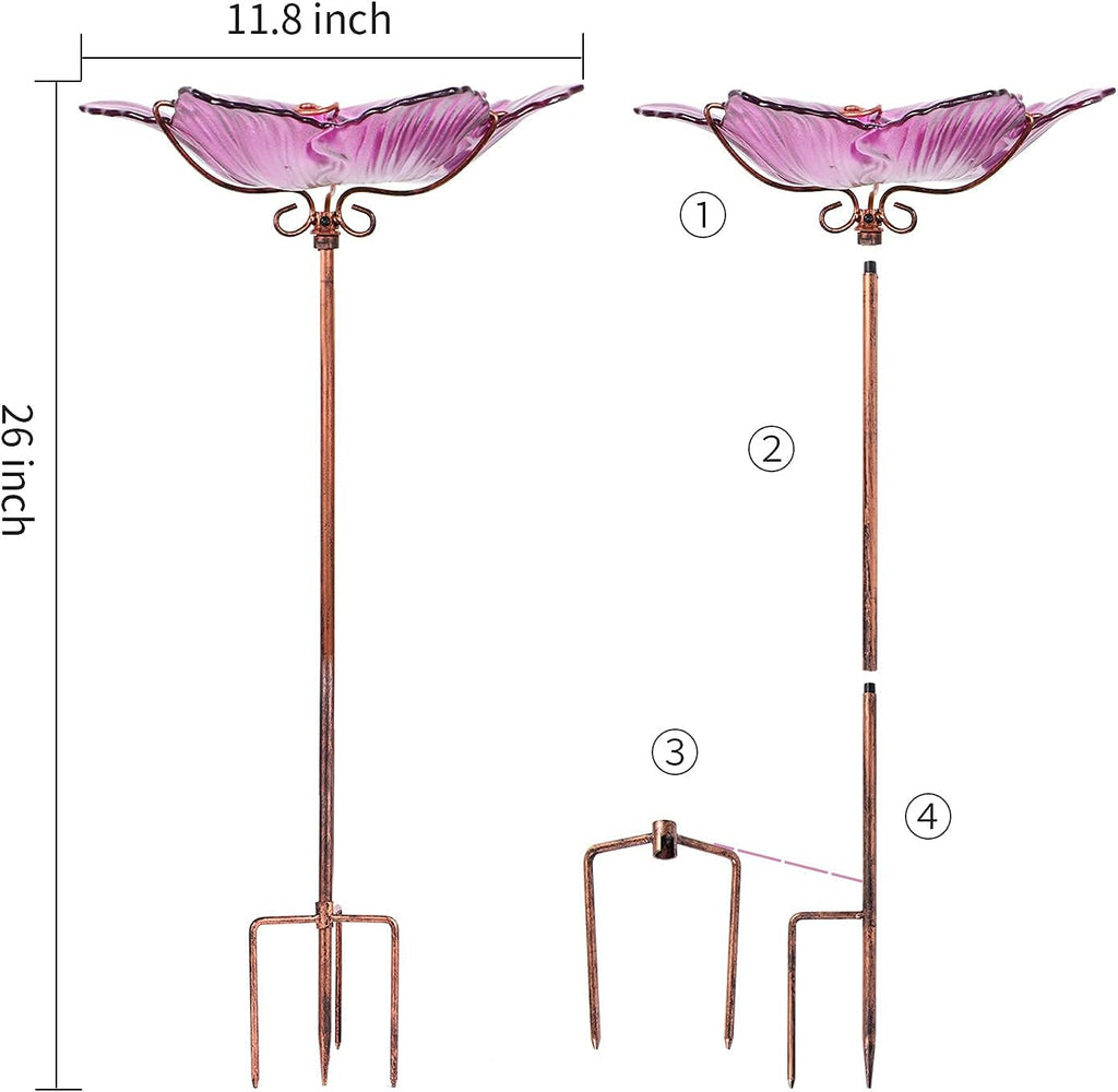 Outdoor Bird Bath Glass Birdbath Garden Birdfeeder with Metal Stake Pink(Height:26inch)