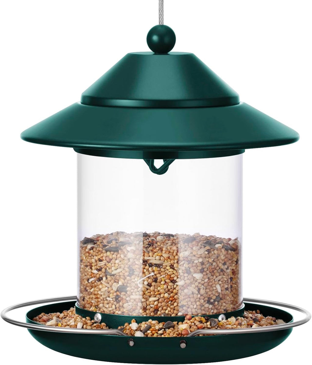 Metal Roof Bird Feeder, Hanging Bird Feeders for Outdoors with 2LB Clear Tube Seed Capacity for Viewing Cardinal Finch, 360° Feeding Wild BirdFeeders for Outside Garden Yard Decoration