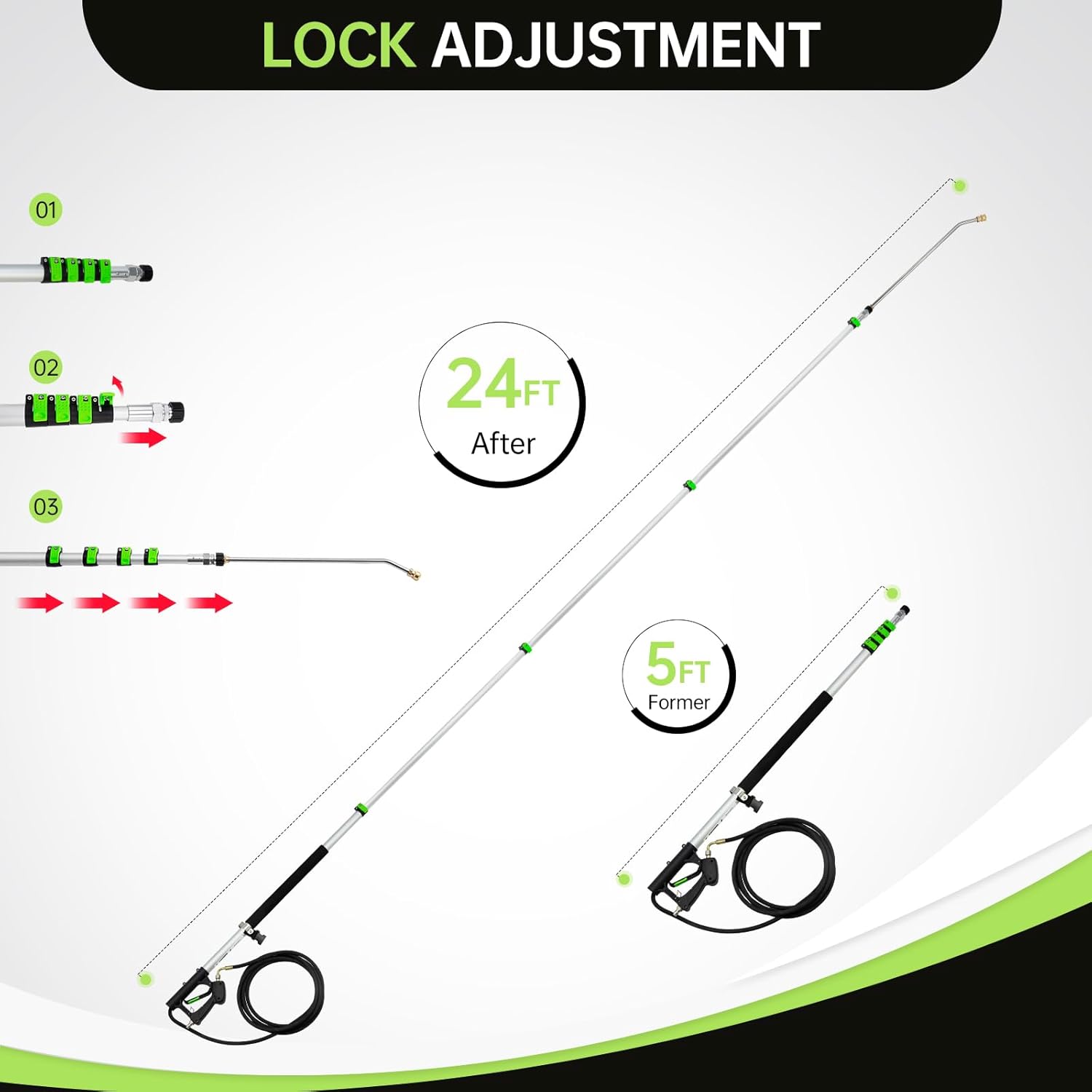 Realyou 24 FT Pressure Washer Telescoping Wand with Pressure Washer Extension Wand, Gutter Cleaner Tool, 5 Spray Nozzle Tips, 2 Hose Adapters, Support Belt and Bursh Head