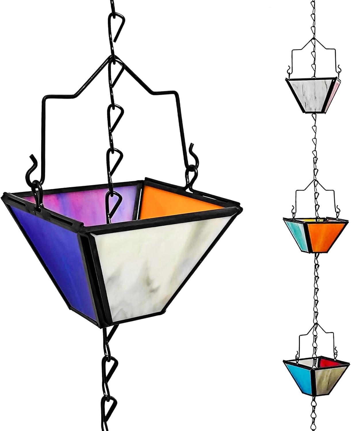 Rain Chain Set 8.5FT,Handmade Pure Copper Inlaid Stained Glass Vintage Style, Rain Chains for Drains to Divert Water & Home Display, Garden Decoration (Mutil col)