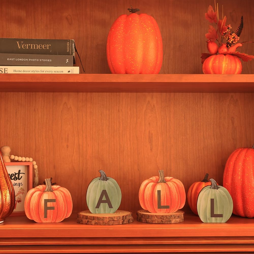Fall Decorations for Home & Halloween Decorations Indoor, DECSPAS Double-sided Pumpkin Wood Sign with Fall & BOO Lettered, Autumn Wooden Block Set for Table, Tiered Tray, Mantle, Thanksgiving Decor
