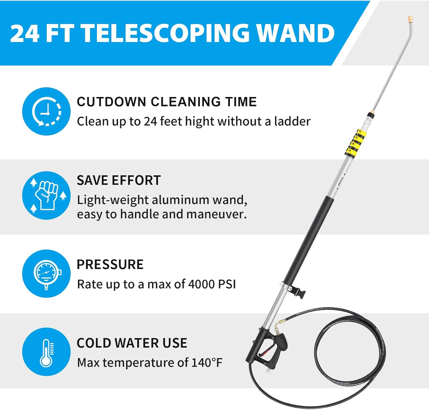 24 FT Telescoping Pressure Washer Wand Extension, Aluminum Power Washer Extension Wand with 7 Nozzle Tips, 3 Adapters & Support Harness, Gutter Cleaning Tools for 2 Story House
