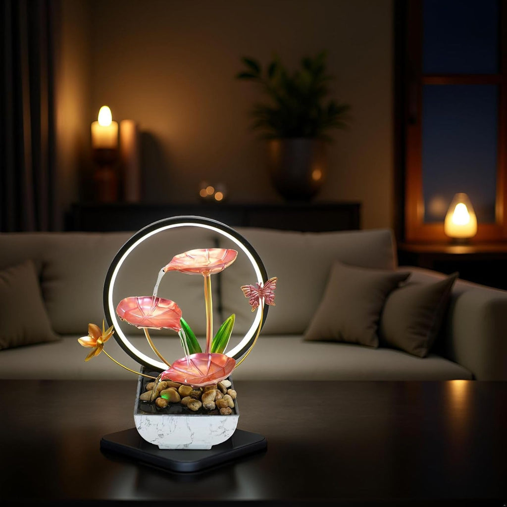 Pink Indoor Table Top Indoor Relaxation Water Fountain, Waterfall, Small Fountains with LED Lights Zen Meditation Fountains.