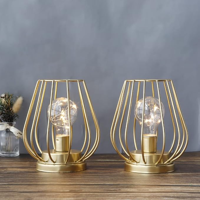 TRIROCKS Set of 2 Metal Battery Operated Lamp 7'' Tall Cage Shape Cordless Table Lamp Battery Lanterns with Warm Fairy Lights Bulb for Patio Garden Wedding Parties Indoor Outdoor(Gold)