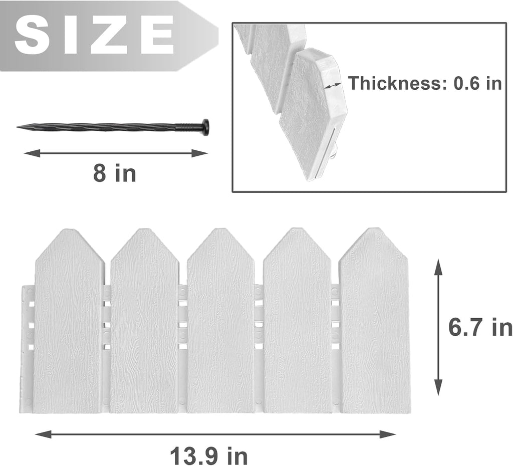 Landscape Edging Kit 6.7 in Tall Decorative Double-Sided Wood-Look Fence Garden Border, Flower Bed Edging with 30 Anchoring Spikes, 13.9 Foot Kit (White)