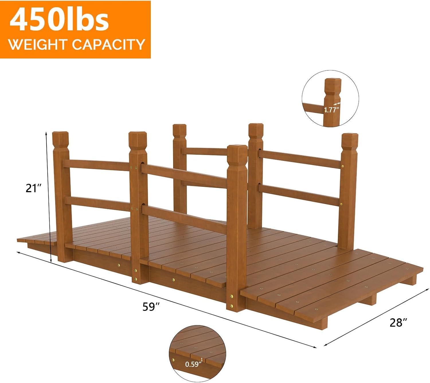 VINGLI Garden Bridge, Classic Wooden Arch with Safety Rails Footbridge (Brown, 5 ft)