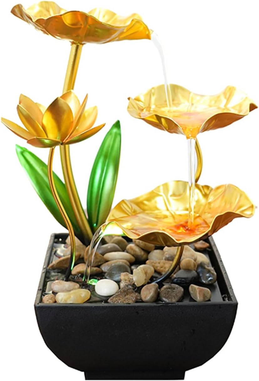 Gold Tabletop Water Fountain, Desktop Waterfall, Indoor Lotus Desktop Decorative Fountain, Home Bathroom Bedroom Decor.