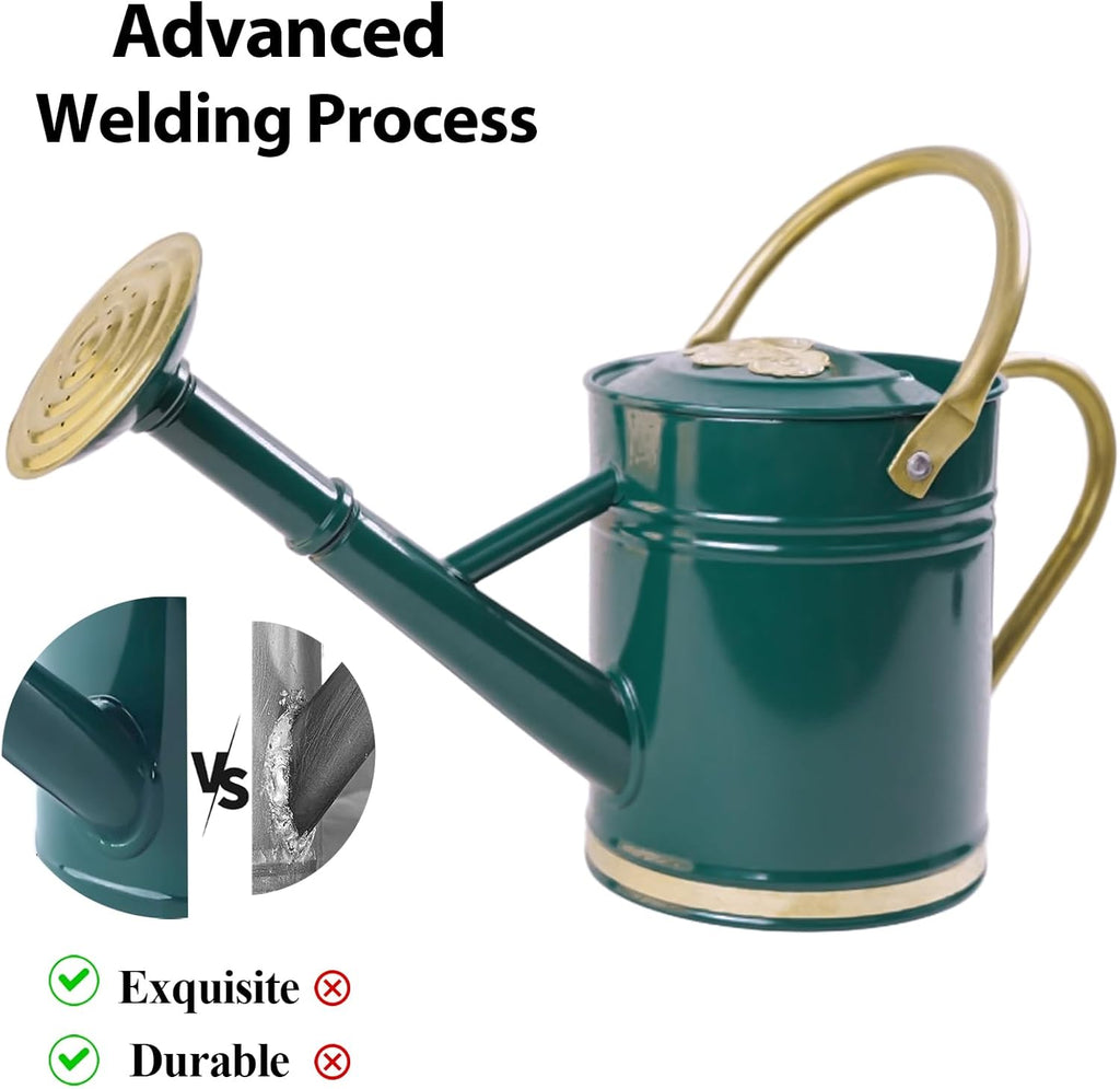 1 Gallon Galvanized Metal Watering Can with Solid Brass Sprout, Handle & Base Trim - Genuine Forged Copper Joints for Indoor/Outdoor Plants, Garden, Balcony for Kids and Adults (Emerald Brass)