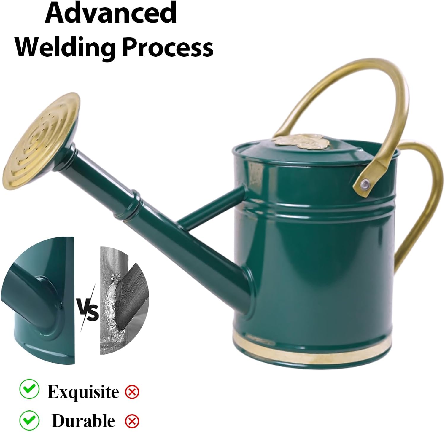 1 Gallon Galvanized Metal Watering Can with Solid Brass Sprout, Handle & Base Trim - Genuine Forged Copper Joints for Indoor/Outdoor Plants, Garden, Balcony for Kids and Adults (Emerald Brass)