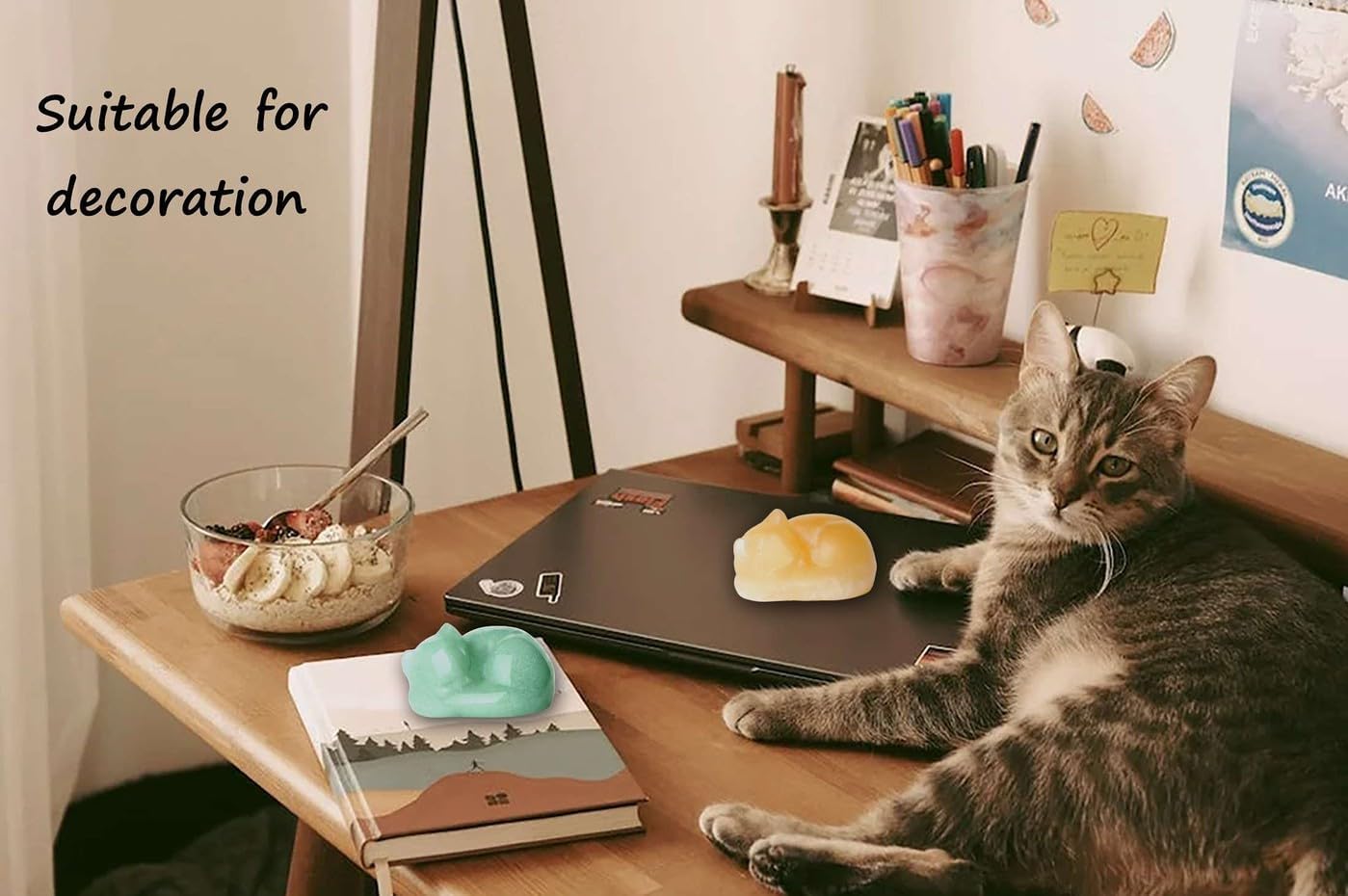 LAIDANLA Sleeping Cat Statue Fancy Calcite Healing Gemstone Hand Carved Cute Kitten Statue Figurine 1.6" Decor Polished Stone Reiki Bedroom Office Desk Home Decoration Gifts