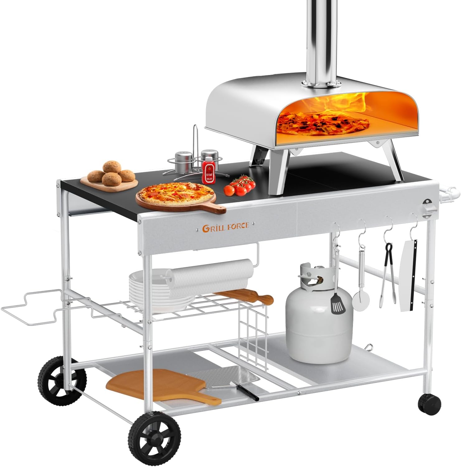 Outdoor Pizza Oven Table for Ninja Woodfire, Blackstone Tabletop Grill, Portable Grill Cart & Food Prep Work Table, Movable Pizza Oven Cart for Backyard BBQ and Patio Parties