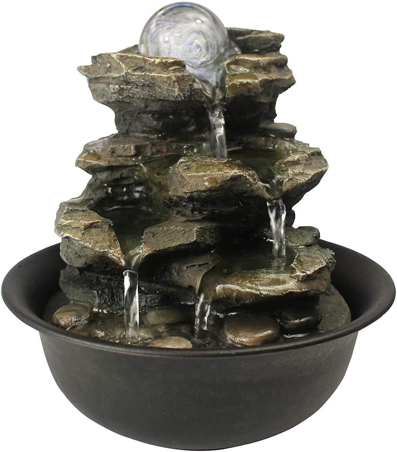 8.3" High 4-Tier Cascading Rock Falls Tabletop Water Fountain with LED Light & Spinning Ball - Indoor Small Waterfall Feature for Office, Home and Bedroom Desktop Decor Dark Grey