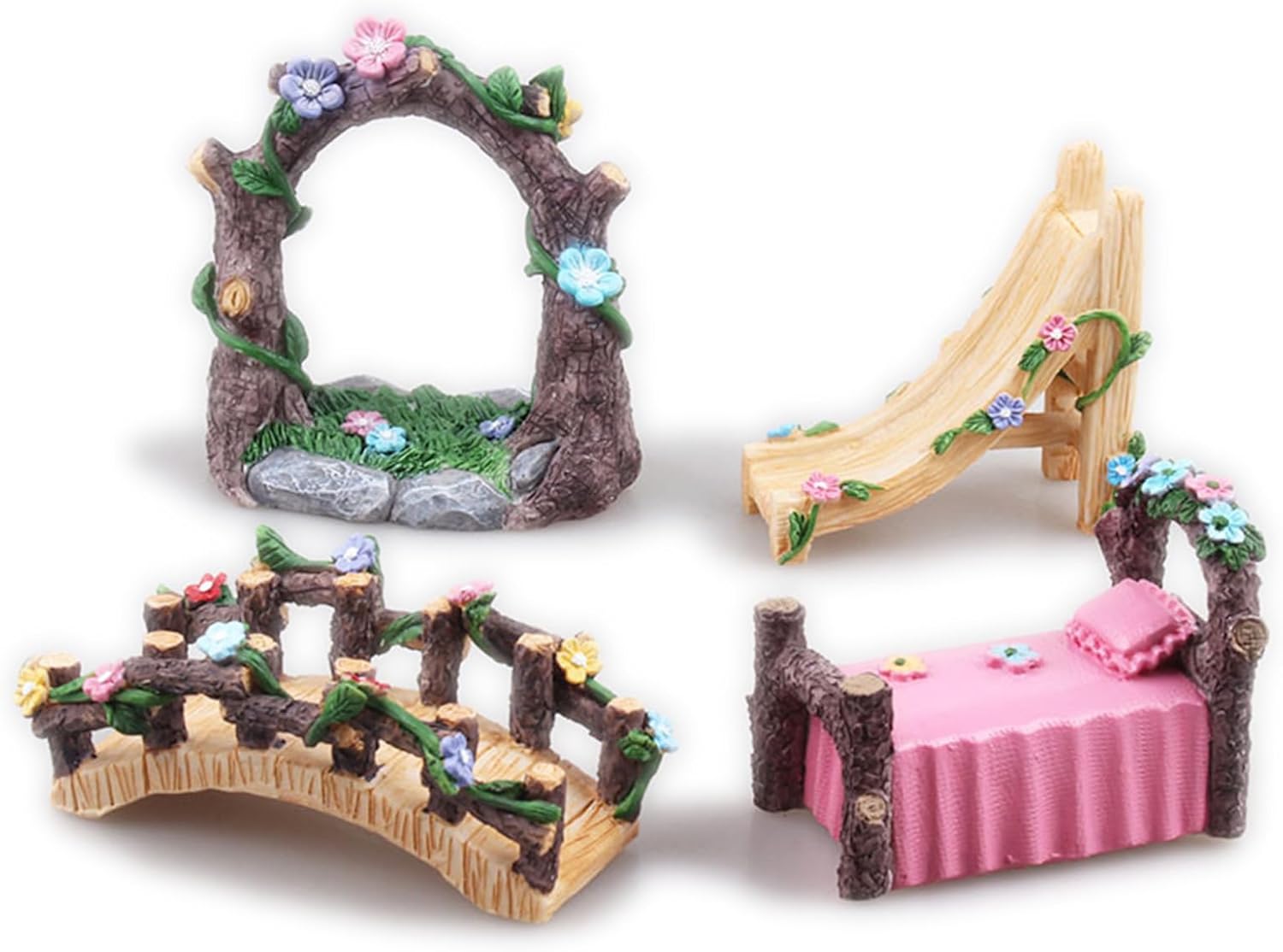 Kai Dream Miniature Fairy Garden Accessories Set, 4 Piece Resin Decorative Landscape Kit with Arch, Bridge, Bed and Slide, Floral Garden Ornaments