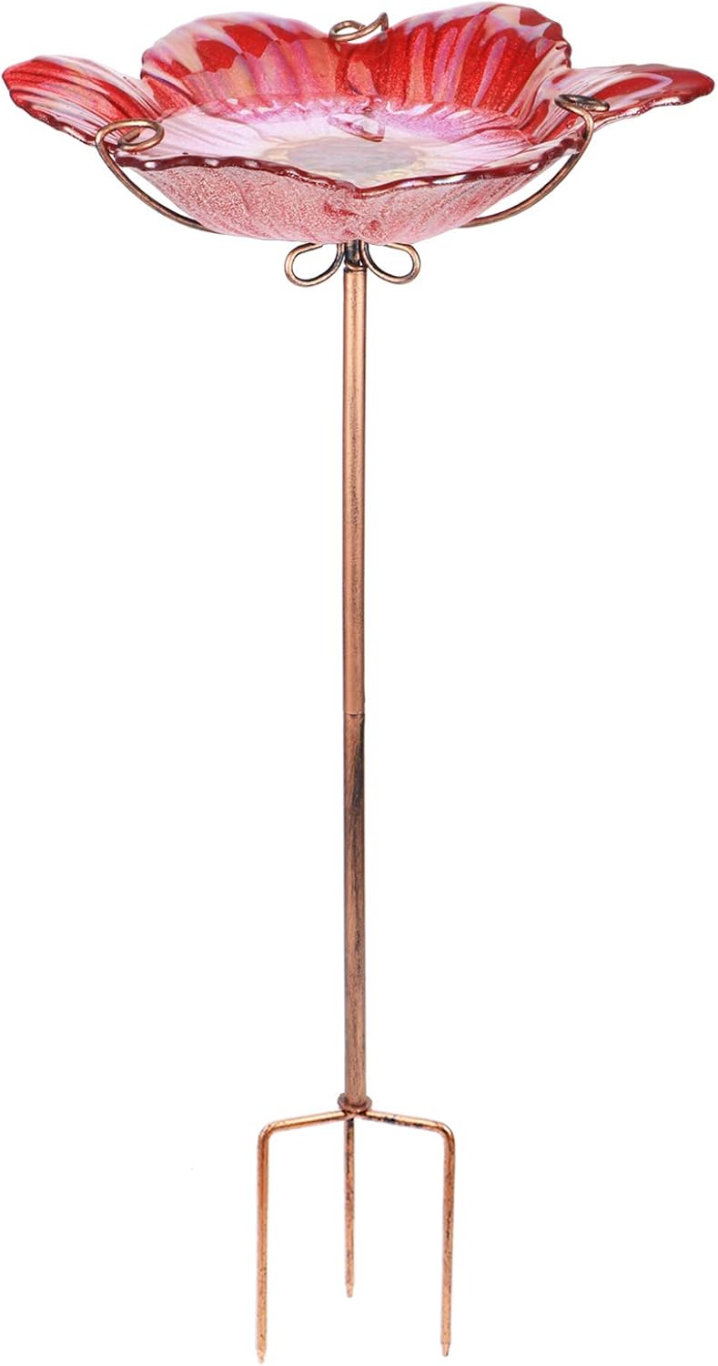 Outdoor Bird Bath Glass Birdbath Garden Birdfeeder with Metal Stake Red