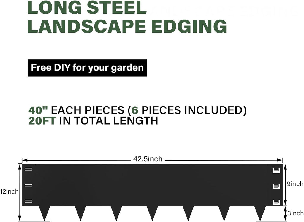 6-Pack Metal Landscape Edging,12 inch Depth 20 ft Total Length,Black Powder Coated Metal Edging for Landscaping,Yard, Garden, Lawn