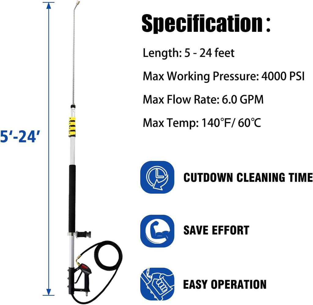 RAYNEL 24FT Telescoping Pressure Washer Extension Wand with Brush Head,Power Washer Extension Wand,Gutter Cleaner Attachment,5 Spray Nozzle Tips,Support Belt and 2 Hose Adapters