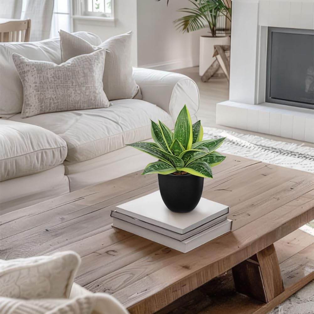 Hollyone Artificial Snake Plants 9" Faux Agave Succulent Plant Potted in Black Pot Fake Sansevieria Aloe Tropical Plant for Desk Modern Office Home Bathroom Indoor Outdoor Decor