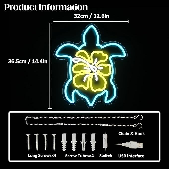 Sea Turtle Hibiscus Neon Signs for Wall Decor Blue Turtle Neon Light Yellow Flower LED Neon Wall Sign Ocean Neon Light Up Sign for Bedroom Living Room Office Decor Sea Turtle Gifts