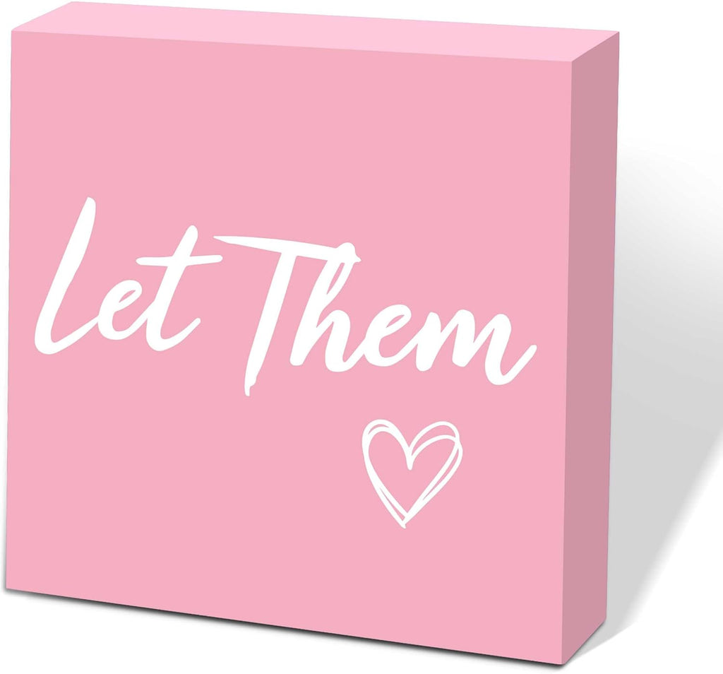 Let Them Wooden Box Sign 5 X 5", Farmhouse Desk Sign Boss Lady Office Cubicle Decor, Let Them Desk Accessories for Therapist Office Living Room Bathroom, Inspirational Boss Gifts for Women (Pink)