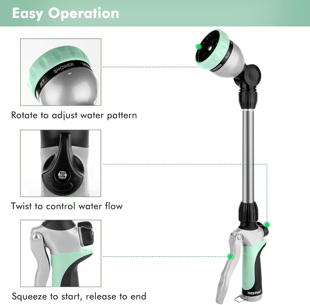 RESTMO Metal Watering Wand, Heavy Duty Garden Hose Wand with 180° Swivel Ratcheting Head, 16'' Hose Nozzle Sprayer with 7 Spray Patterns and Flow Control, for Water Hanging Baskets and Shrubs, Cyan