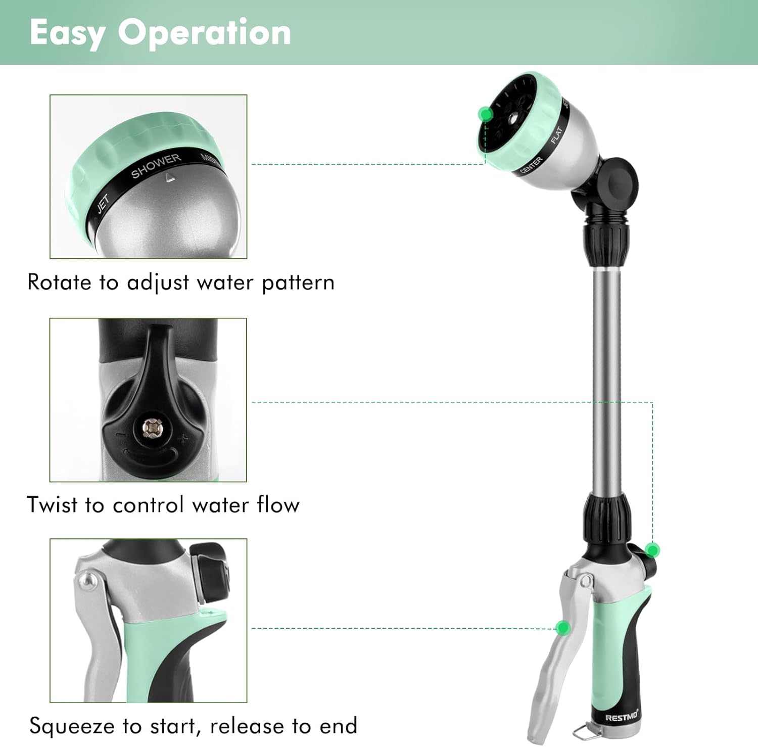 RESTMO Metal Watering Wand, Heavy Duty Garden Hose Wand with 180° Swivel Ratcheting Head, 16'' Hose Nozzle Sprayer with 7 Spray Patterns and Flow Control, for Water Hanging Baskets and Shrubs, Cyan