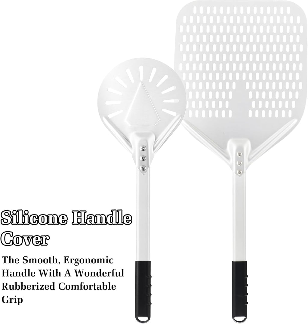 12 Inch + 7 Inch Perforated Pizza Peel Set, Pizza Turning Peel with Metal Handle, Pizza Spatula Paddle for Homemade Pizza Oven Accessories
