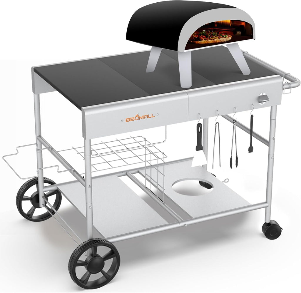 Upgraded Pizza Oven Cart Table for Ooni Koda/Karu/Fyra 16 & 12, Movable Thicken & Widen Rolling Kitchen Cart, Outdoor Grill Stand for Ninja Woodfire,Blackstone Griddle,Carts with Wheels