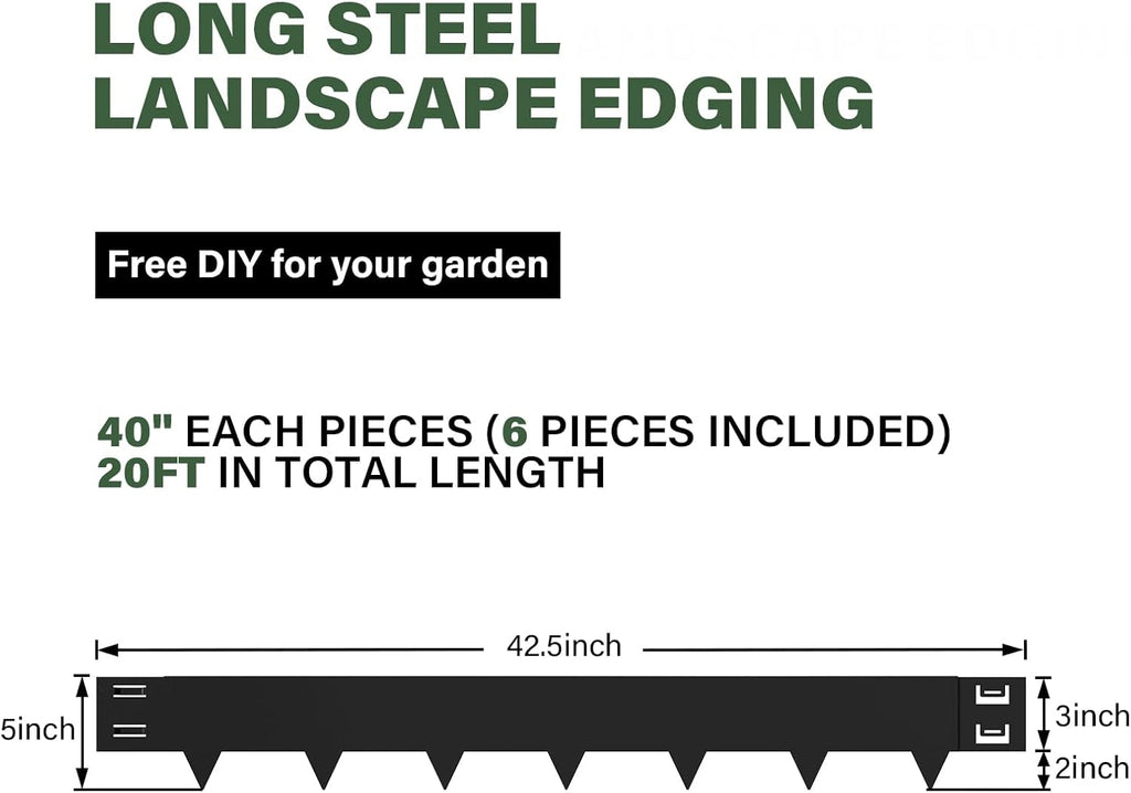Galvanized Steel Landscape Lawn Edging 40 Inch Strips, Steel Edging 5 Inch Depth,6-Pack Black Bendable Metal Landscape Edging,Metal Edging for Landscaping (20FT Total Length)