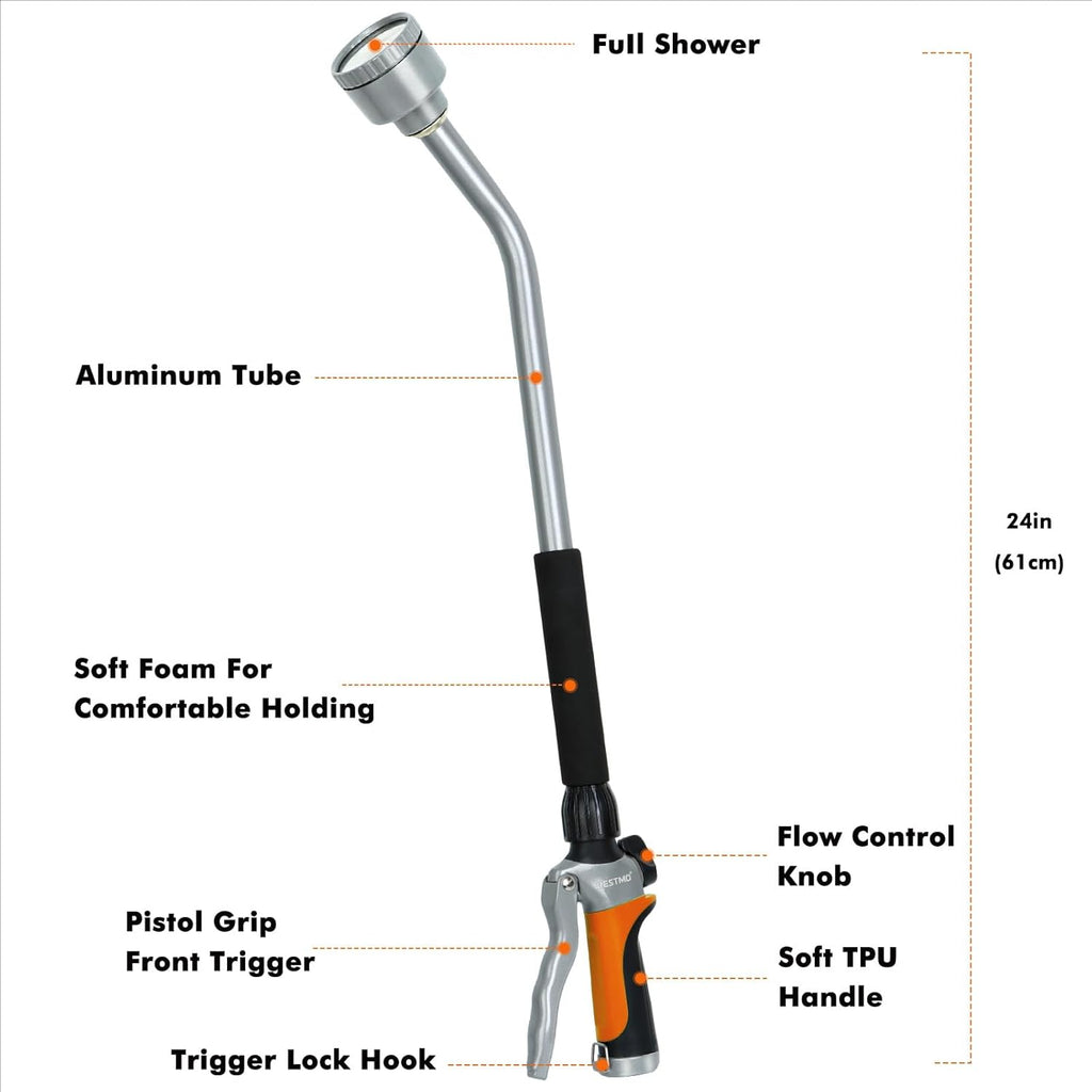RESTMO Long Watering Wand, 24 Inches Gentle Soft Full Shower Sprayer Wand with Flow Control, Heavy Duty Metal Hose Wand for Hanging Baskets, Shrubs, Plants, Flowers, Garden and Lawn, Orange