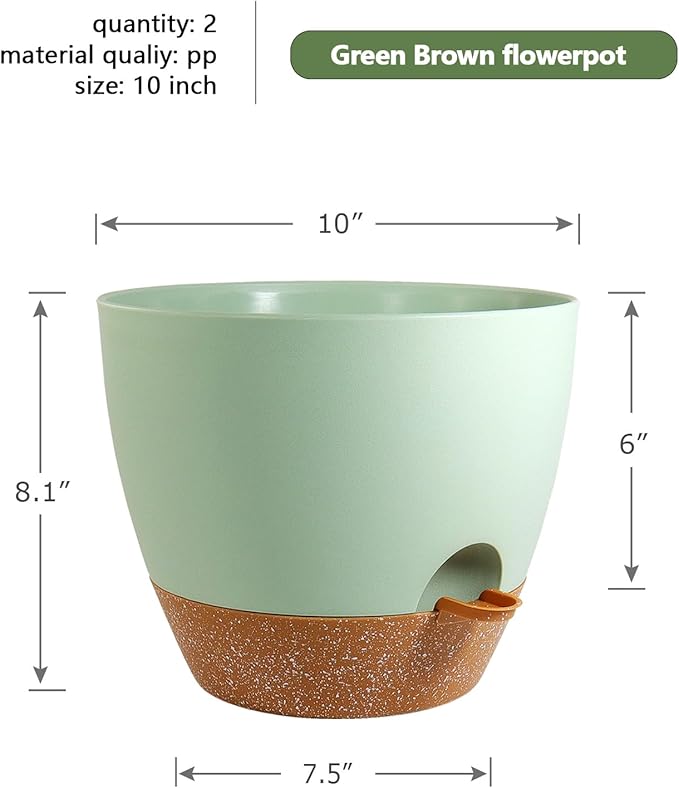 10 inch Self Watering Pots, 2 Pack Plastic Planters with Mesh Drainage Holes for Garden Plants and Flower, Plants Pots with Deep Reservoir for Indoor Outdoor Plants, Green with Brown
