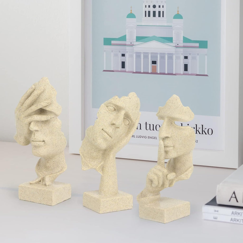 3 Pcs Thinker Statue, Silence is Gold Abstract Art Figurine, No Hear No See No Speak Modern Home Resin Sculptures Decorative Objects Decor for Home Office Bookshelf Desktop(Sandstone)
