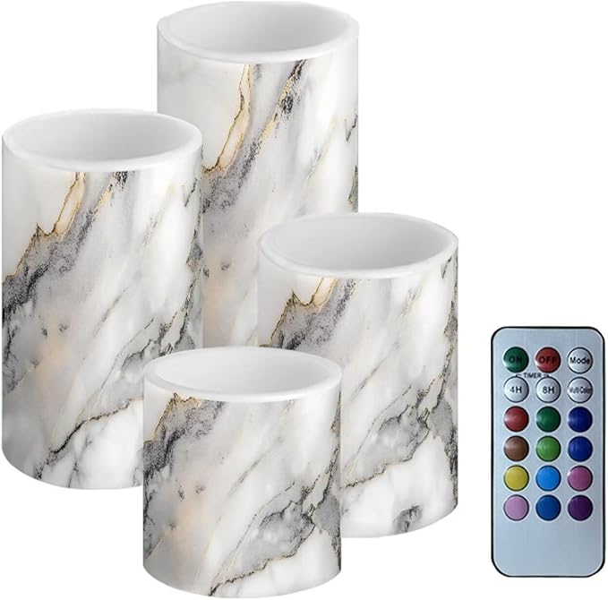 Flameless LED Candles Electric Candles with Remote Timer Control Color Changing Long Lasting Pillar Candles Tealights for Home Indoor Outdoor Decoration Pack of 4, Grey White Marble