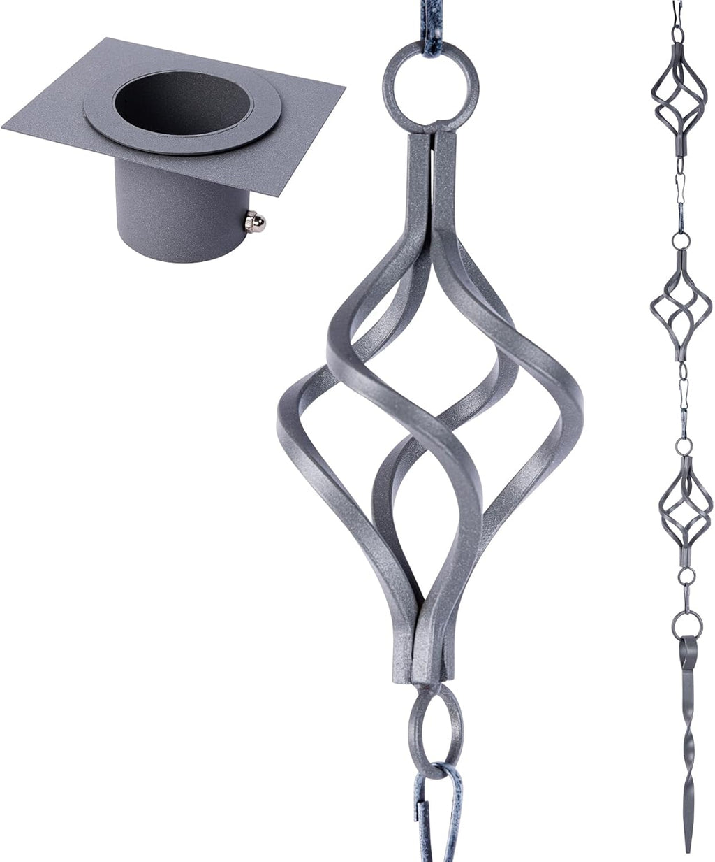 Rain Chain Bird Cage Set 8.5Ft, Wrought Iron Rain Chains for Gutters with Adapter Gotta Drain and Anchoring Stake,13 Birdcage, 1 Hook, Not Rust,Adjustable Length for Garden (Blue Gray)