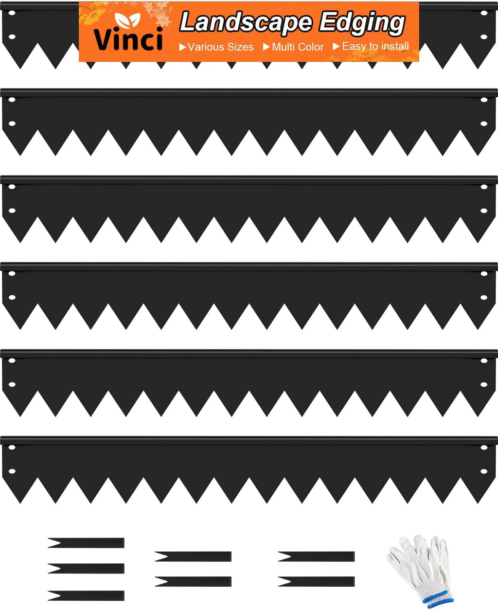 Vinci Landscape Edging Border, 40" L x 8" H 6Pack 20FT Total Black Galvanized Steel Garden Edging with Spikes, Sturdy Elegant Metal Lawn Broder for Flower Beds, Pathways, Paver Edges and Yard