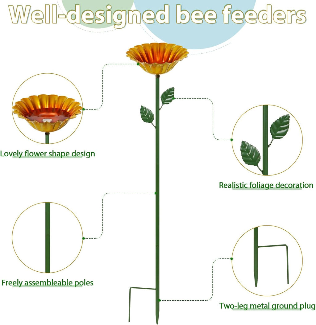Large Bee Watering Station 4 Pack - Bee Bath for Garden Metal Butterfly Feeders Bowl with 5.32'' Flower Design Bird Bath for Outside Outdoors Garden Decor