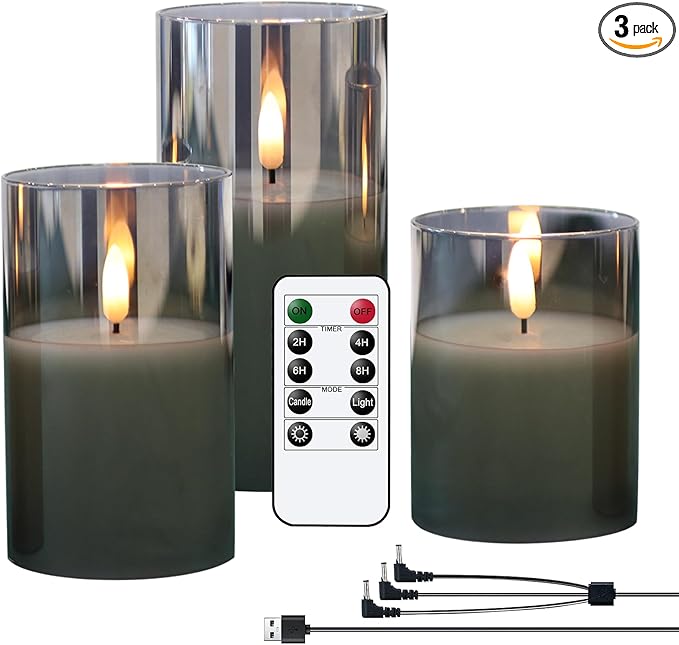 Glass Rechargeable Flameless Candles with Remote Timer, Realistic 3D Wick LED Battery Operated Candles with Flickering Flame,Home Decoration for Wedding Birthday Festival(Grey)
