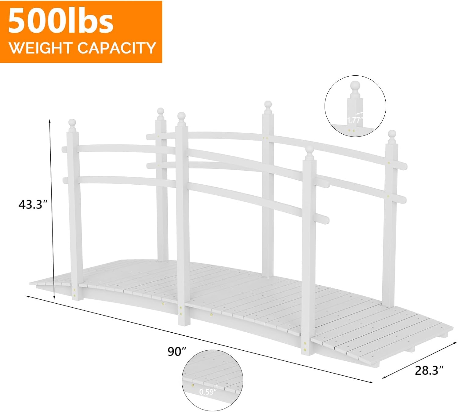 VINGLI Garden Bridge, Classic Wooden Arch with Safety Rails Footbridge (White, 7.5 ft)
