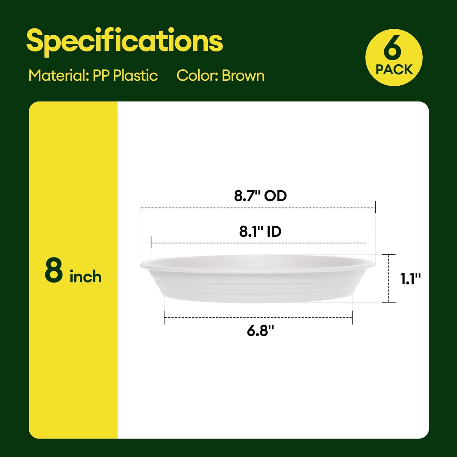 6 Pack Plant Saucer, 8 10 12 inch Plant Saucers for Indoor, Heavy Duty Plastic Plant Trays for pots, Grow Bags, Bird Baths, Flower Drip Trays for Indoor and Outdoor Uses (8", White)