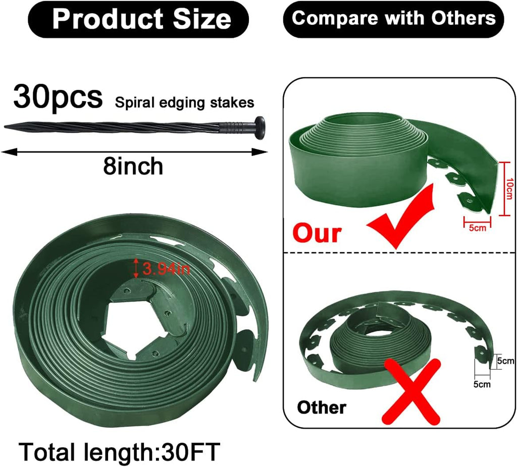 Landscape Edging,33FT Garden Edging Borders [Extra Tall 4IN High] Flexible Lawn Edging Kit with 30pcs Stakes,Mini Plastic Fence for Yard Flowerbeds,Grass-Green